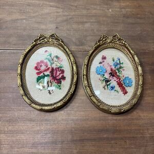 Antique Cross Stitch Floral Ornate Gold Frame Decor Set Of 2